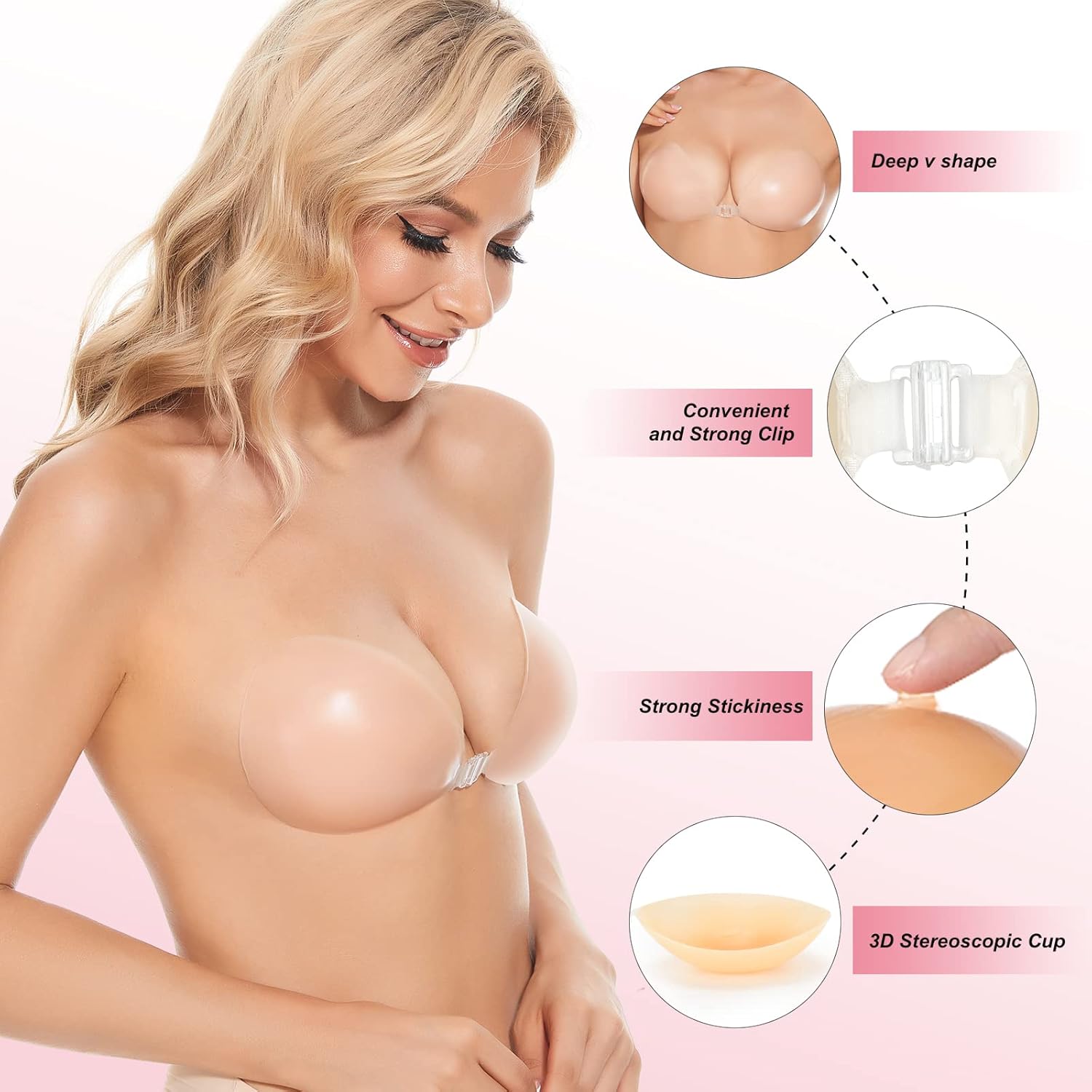 Push Up Bra Silicone - 粘着ブラ プッシュアップ 粘着式ブラジャー シリコン製ストラップレスブラ 女性用 ニップルカバー付き