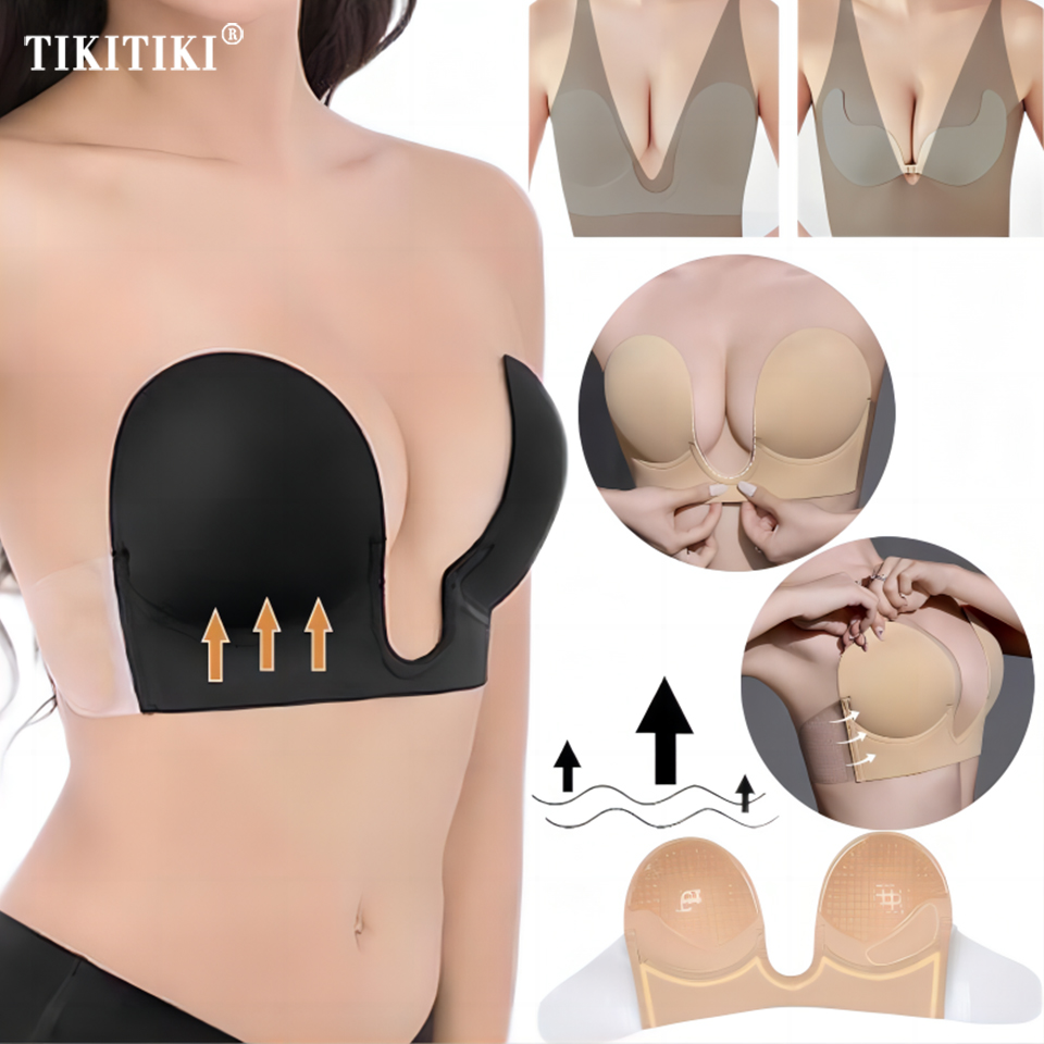 Backless Bra Sticky - 見えないプッシュアップブラ、ストラップレスブラ、バックレスディーププランジU字型粘着ブラ、自己粘着シリコンブラジャー、リフトアップ下着