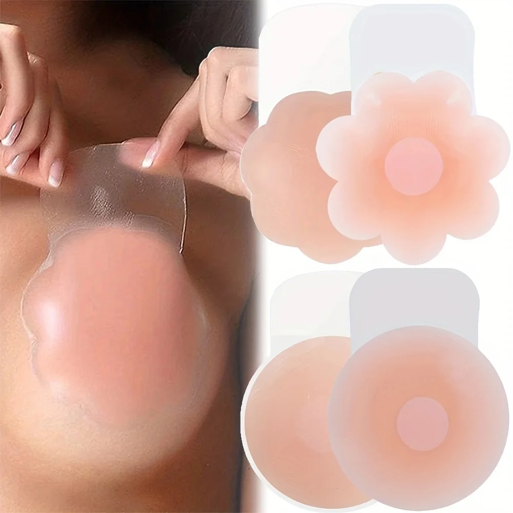 Push Up Bra Silicone - 女性のためのシリコン乳首カバー,目に見えないステッカー,パッチ,再利用可能な花びらのパッド,1ペア