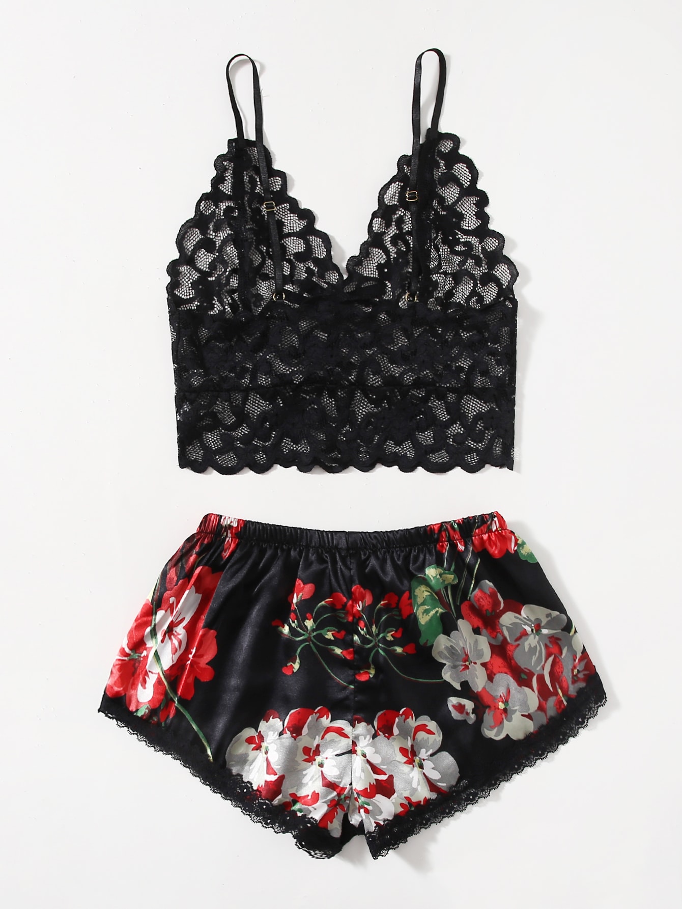 Lace Bralette Set - 女性用花柄レースパジャマセット、デートナイト用ブラックブラレットとサテンショーツのスリープウェア