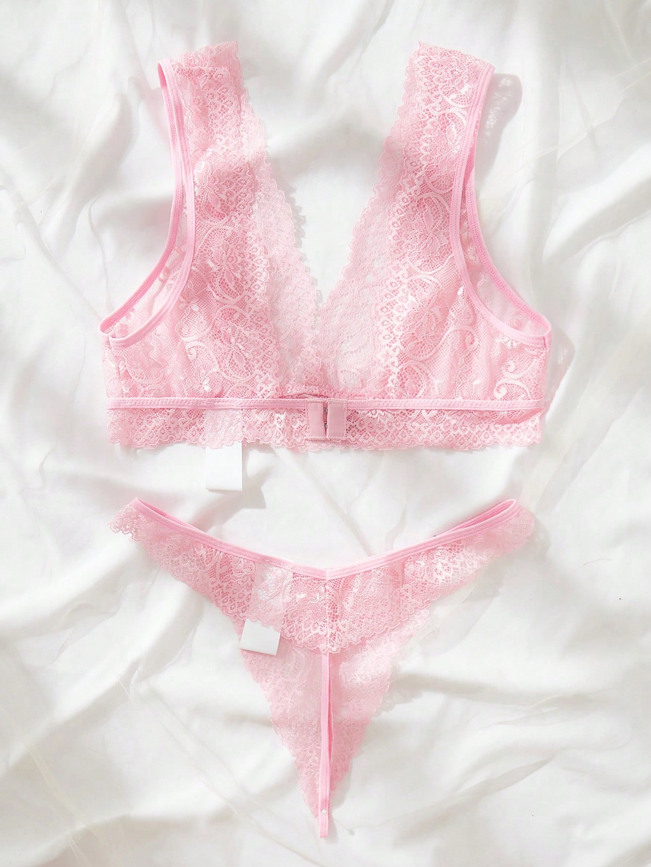 Lace Bralette Set - ピンクのレースランジェリーセット、透け感のある花柄ブラレットとTバックショーツ、女性用、ブライダル、デートナイト、ロマンチックな夜に