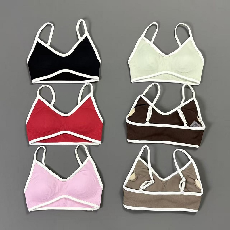 Sports Bra Racerback - 女性用コントラストラインヨガブラ Vネック ホワイトエッジ 薄型ストラップ ワイヤーフリー パッド入りスポーツブラ