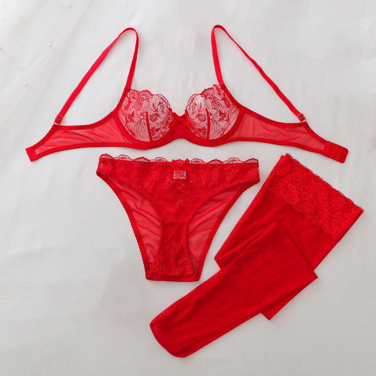Sheer Mesh Bra - シースルーメッシュエロティックセット レディース レッドローズレースブラジャー パンティー シアーサイハイストッキング ロマンチック透明ランジェリーセット