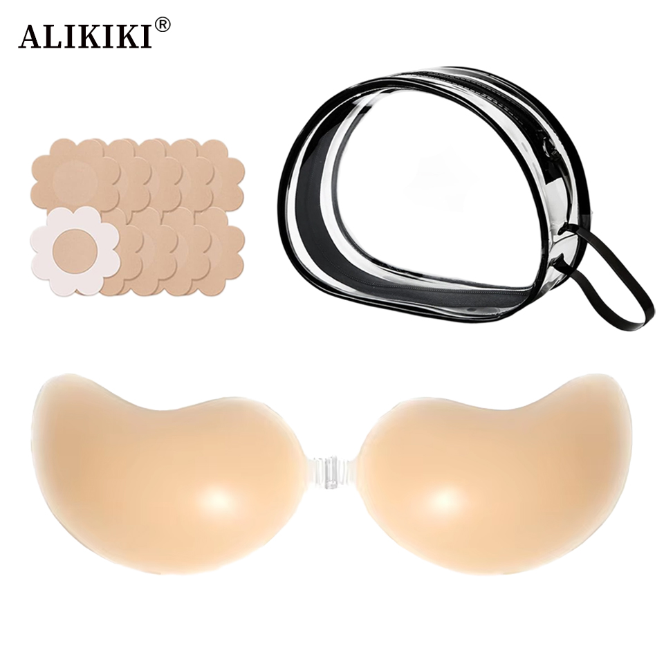 Backless Bra Sticky - 見えない粘着ブラ＆ニップルカバーセット 再利用可能なシリコンプッシュアップブラ 自己粘着式バックレスストラップレスブラ トラベルケース付き