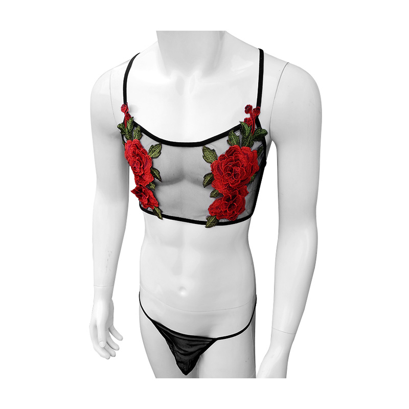 Sheer Mesh Bra - セクシーな刺繍メンズシースルー薄手のメッシュレースランジェリーセットナイトウェアショルダーストラップブラトップ Tバック弱虫エロ下着