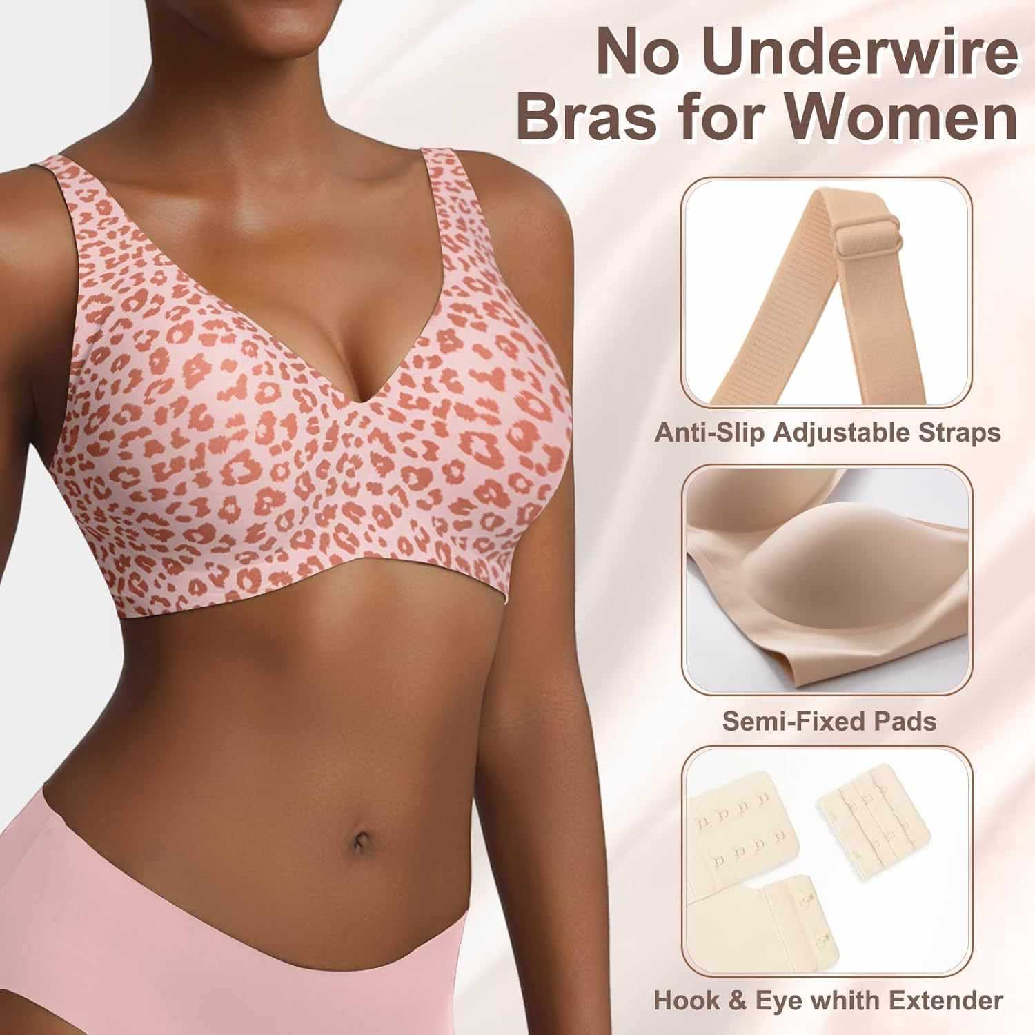 レディースシームレスピンクレオパード柄ブラ、ワイヤーなしフル - Minimizer Bra Women のレビューと価格