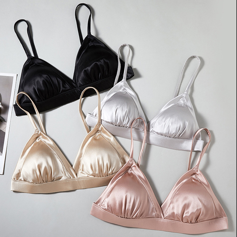 高級本物シルクサテンワイヤレス三角ブラ、細ストラップVネック - Sleep Bra Bralette のレビューと価格